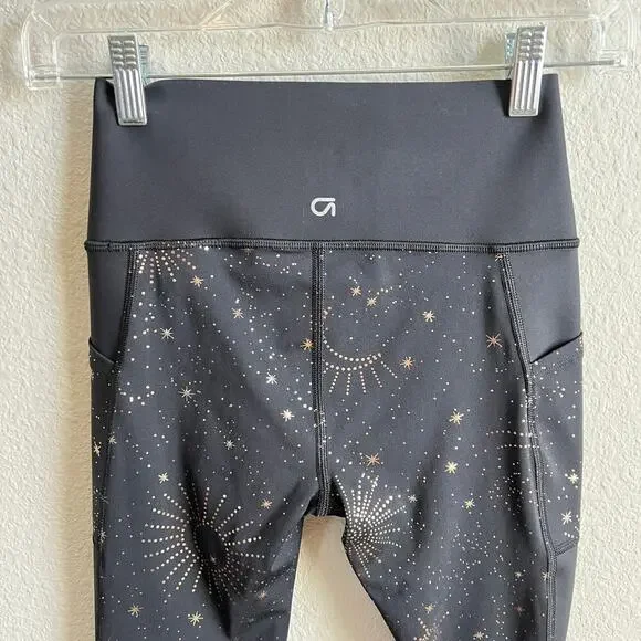 Gap Fit High Rise Black Star Galaxy Print Leggings Women's XS Petite Pockets - Picture 4 of 7